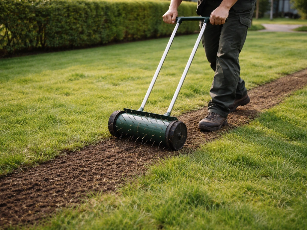 Persoon belucht een hersteld gazon met prikroller; kale plekken worden daarna doorgezaaid.