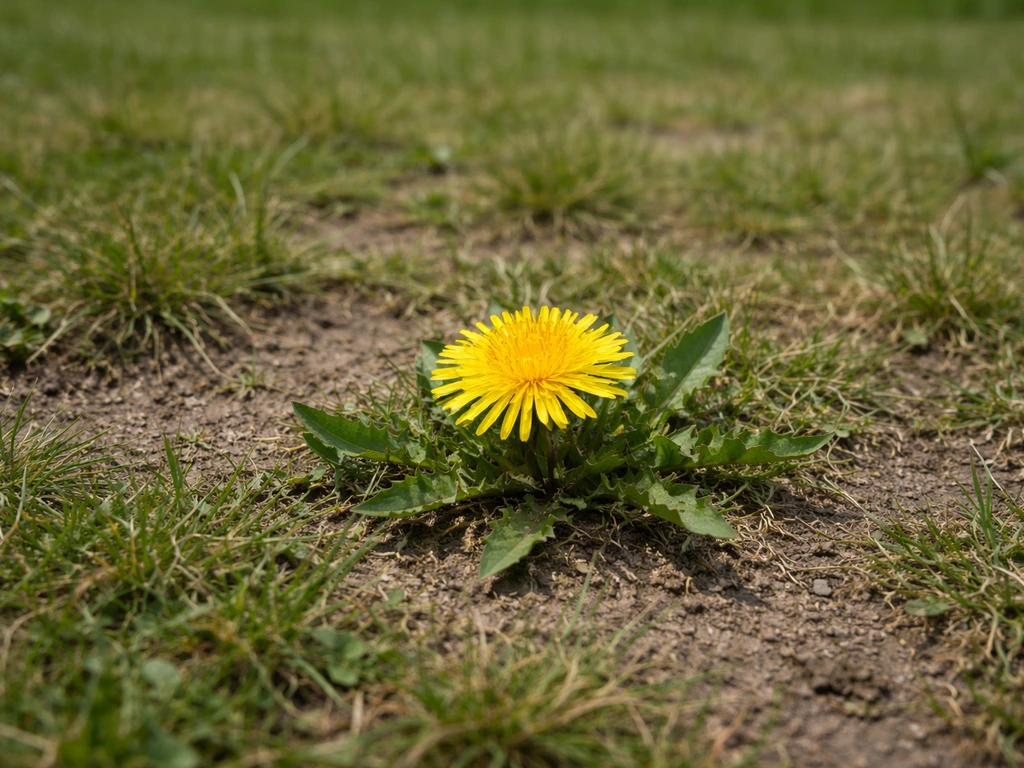 Paardenbloem tussen dun en open gras op een gazon met kale plekken