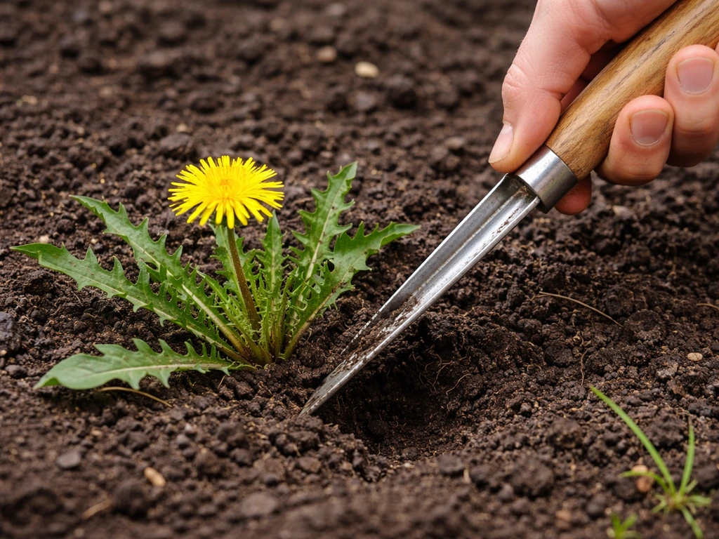 Hand met paardenbloemsteker steekt in de grond naast een paardenbloem om de penwortel uit te graven.