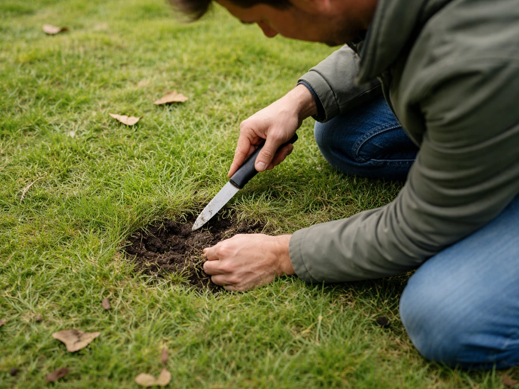 Anonieme persoon knielt in het gras en steekt met een kleine schop een vakje open om te inspecteren.