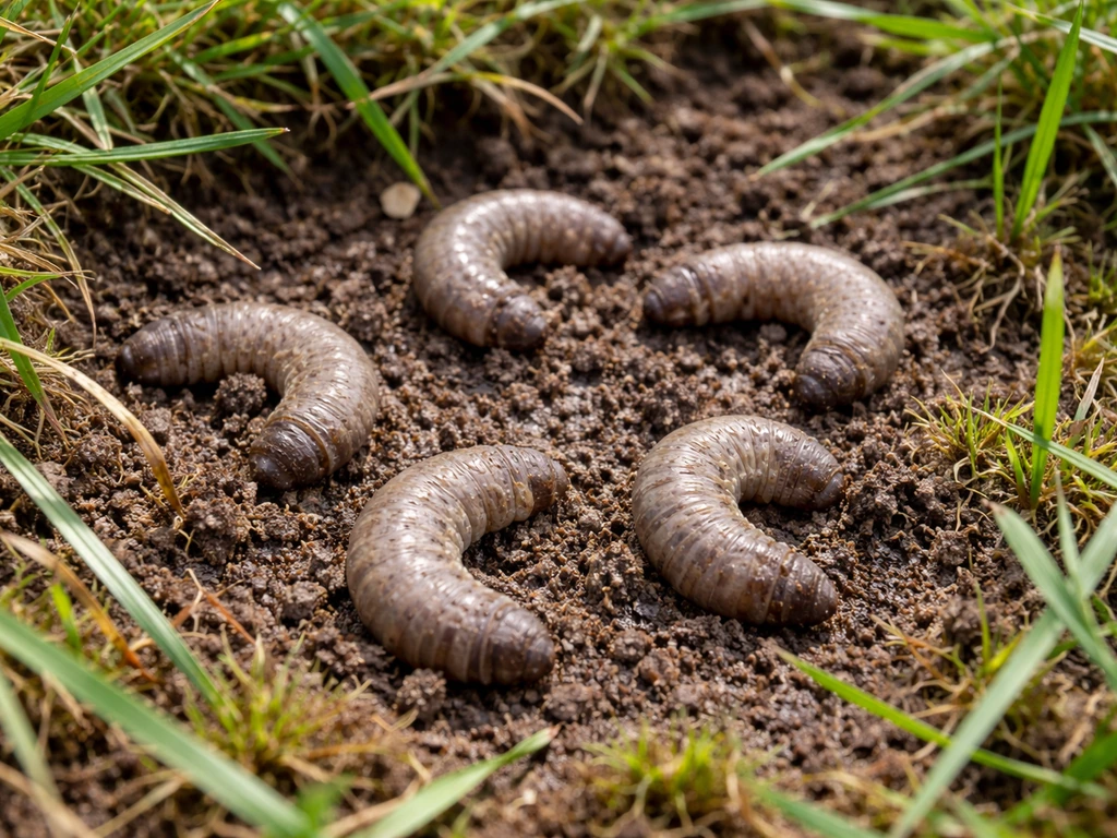 Grijsbruine, C-vormig gekrulde emelten in een Nederlands gazon, dicht bij de bodem en schadeplek.
