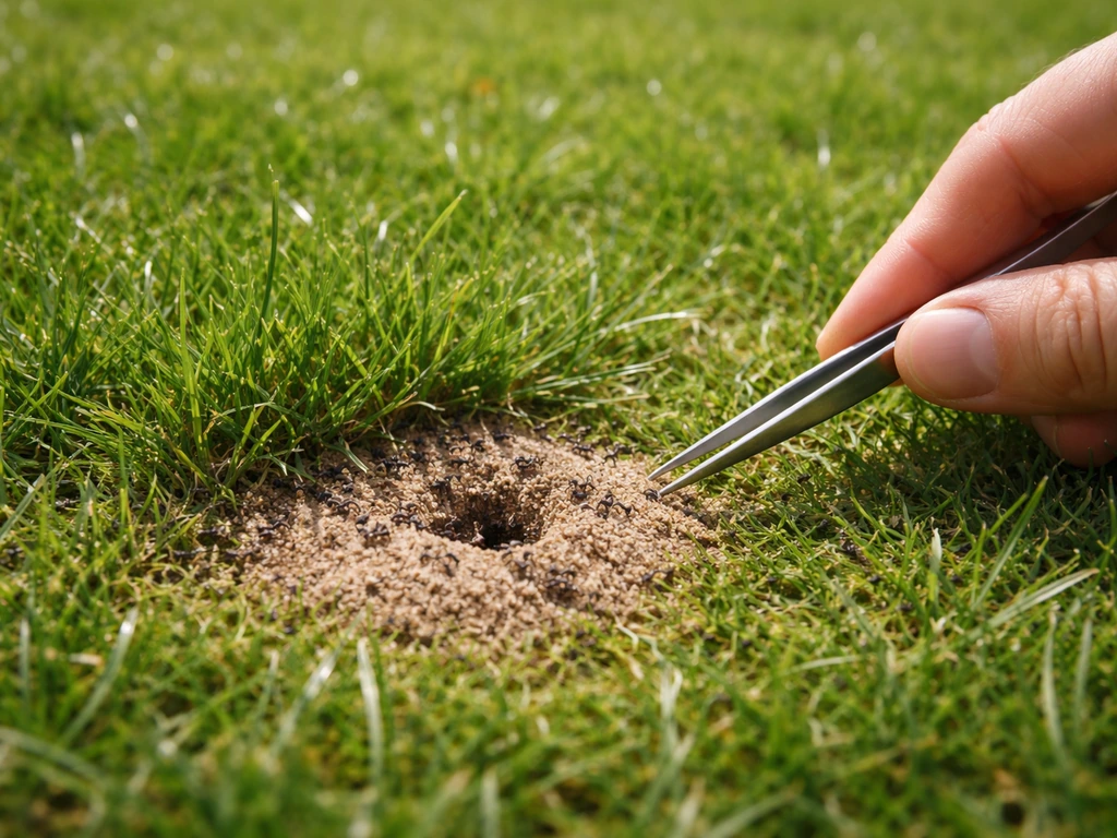 Mierengangetje en mierhoopje in het gras, met een hand met pincet als maatreferentie.
