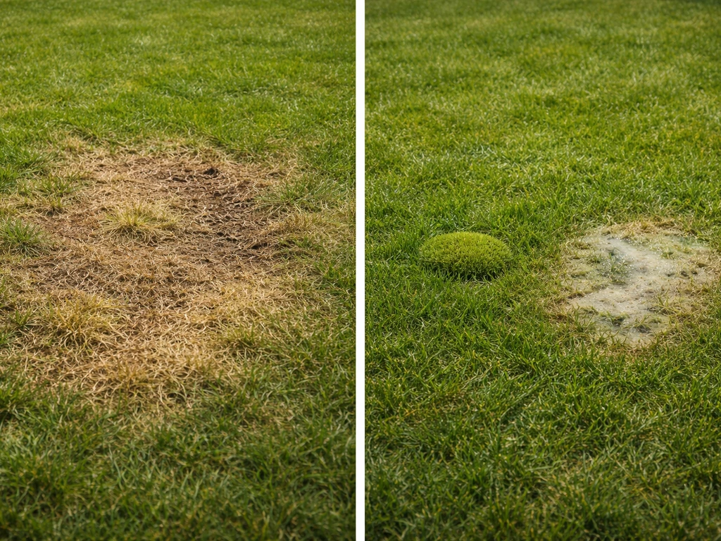 Minimalistische foto met twee aparte grasvakken: geel/bruin kale plek vs. mos-achtige en schimmelachtige plekken