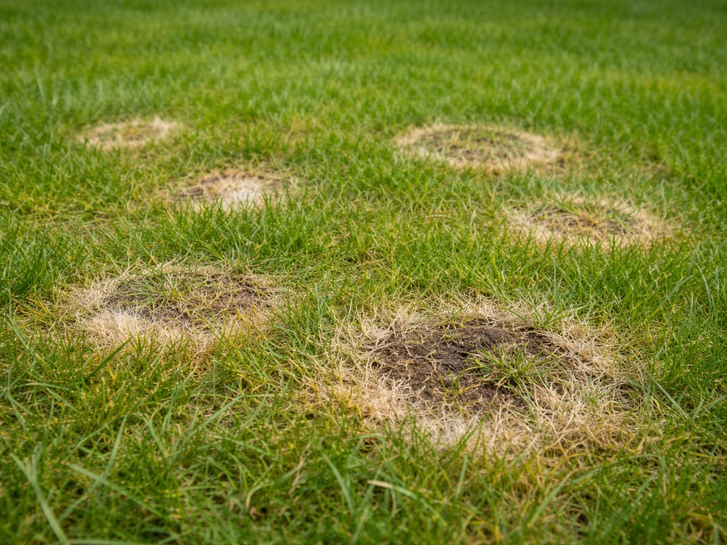 Close-up van een gazonplek met ringen en beschadigd gras, passend bij schimmels in gras in Nederland.