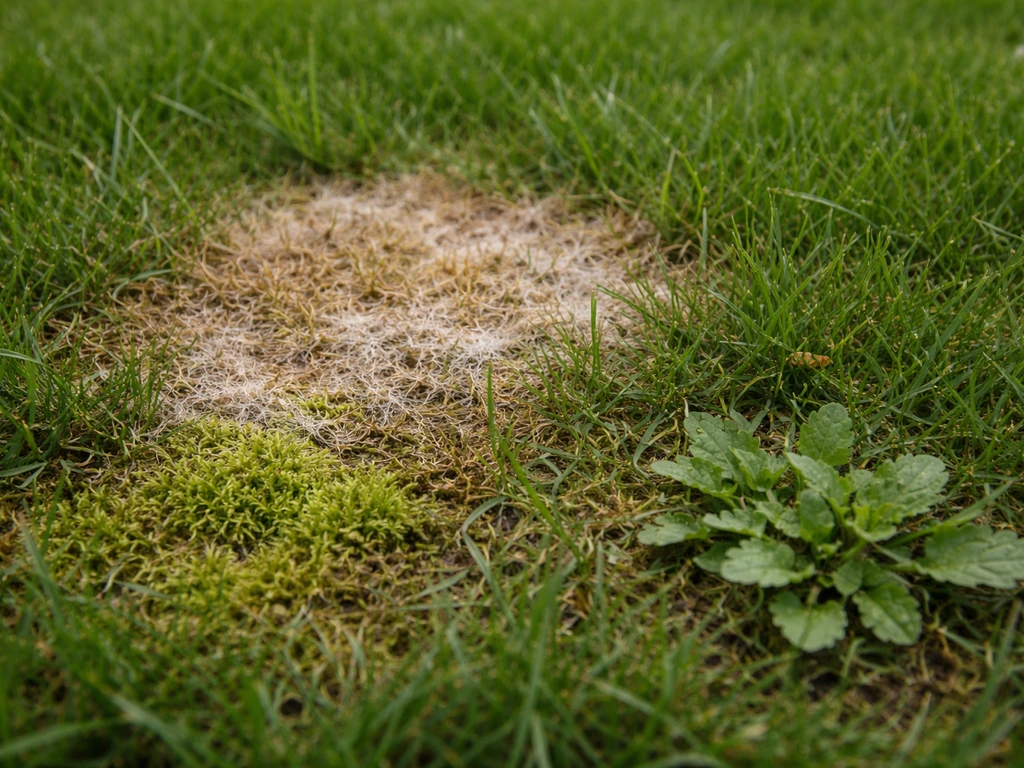 Close-up van gras met vlekken, mos/onkruid ernaast voor verschil in kleur en structuur