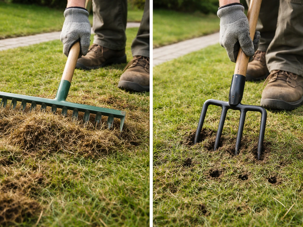 Tuinier werkt met verticuteerhark en beluchtingspriktool op een gazon met vilt en dode resten.