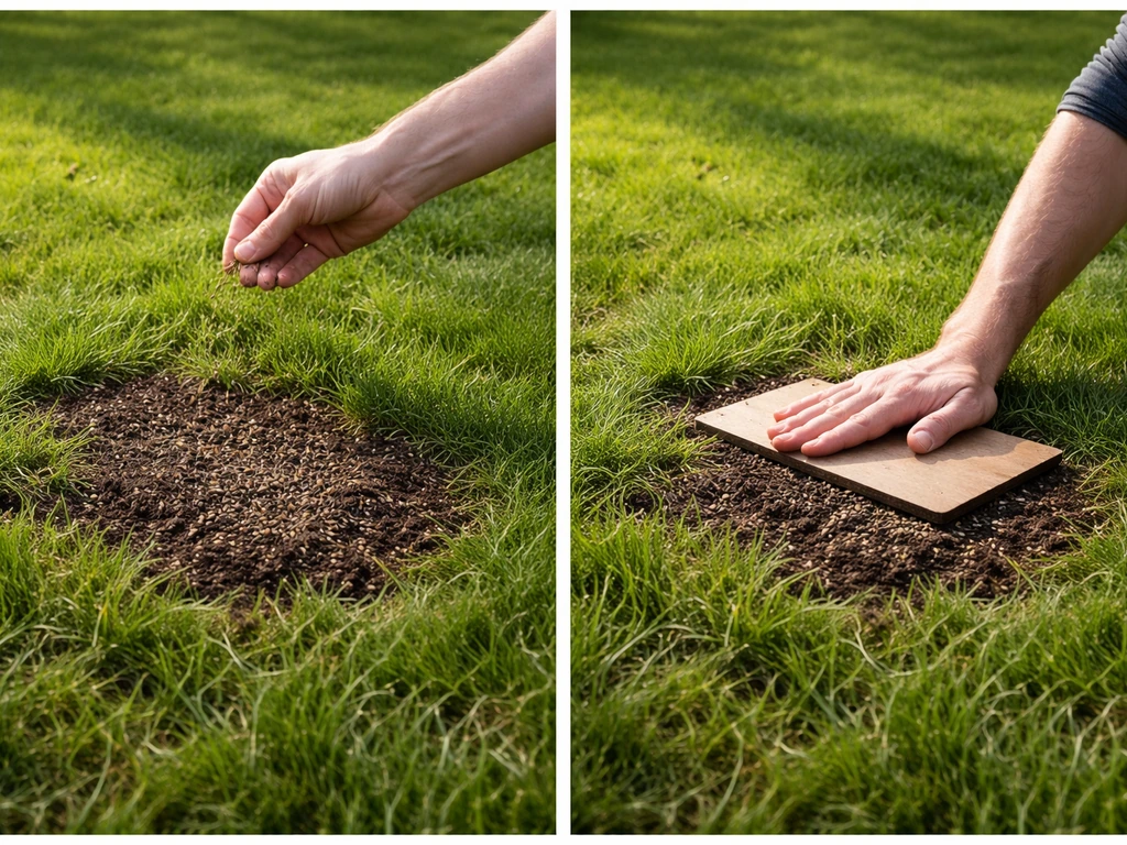 Anonieme hand strooit grasmengsel in kale plekken van het gazon en drukt het licht aan.