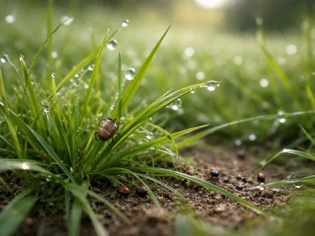 Scherpe opname van gras met een kleine teek en rondachtige insecten die een beet zouden kunnen veroorzaken.