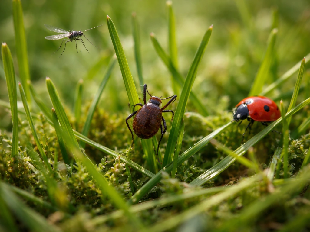 Close-up van insecten en een teek in het gras, met duidelijk zicht op kleine verschillen in uiterlijk en beweging.