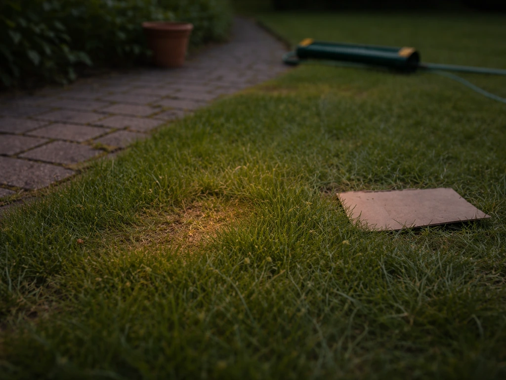 Avonds-gazon in een tuin met één duidelijke herkenningsplek in het gras en tuinelementen op de achtergrond.