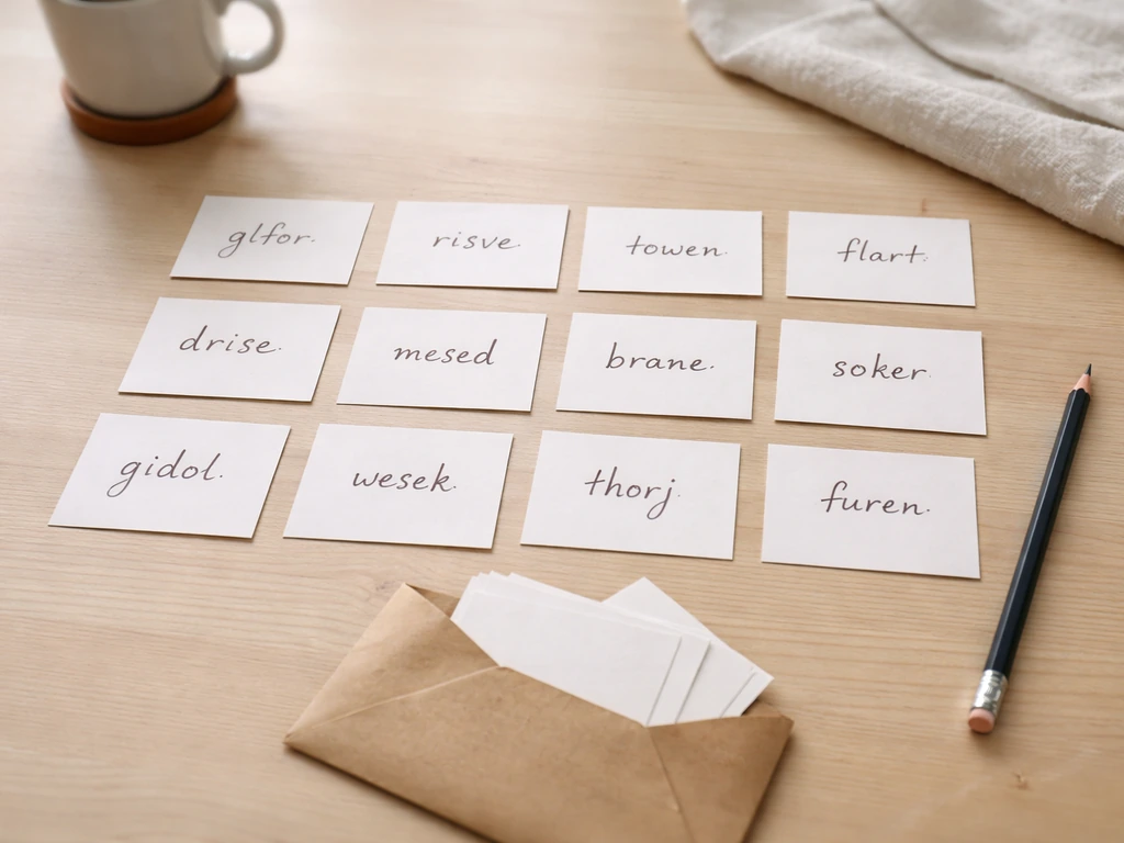 Petites cartes sur une table, lettres manuscrites ambiguës suggérant des mots de 5 lettres, ambiance quotidienne.