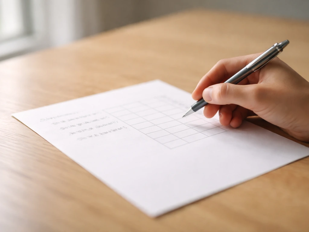 Main anonyme sur une table, stylo près d’une grille de mots flous, ambiance de relecture et validation de proposition