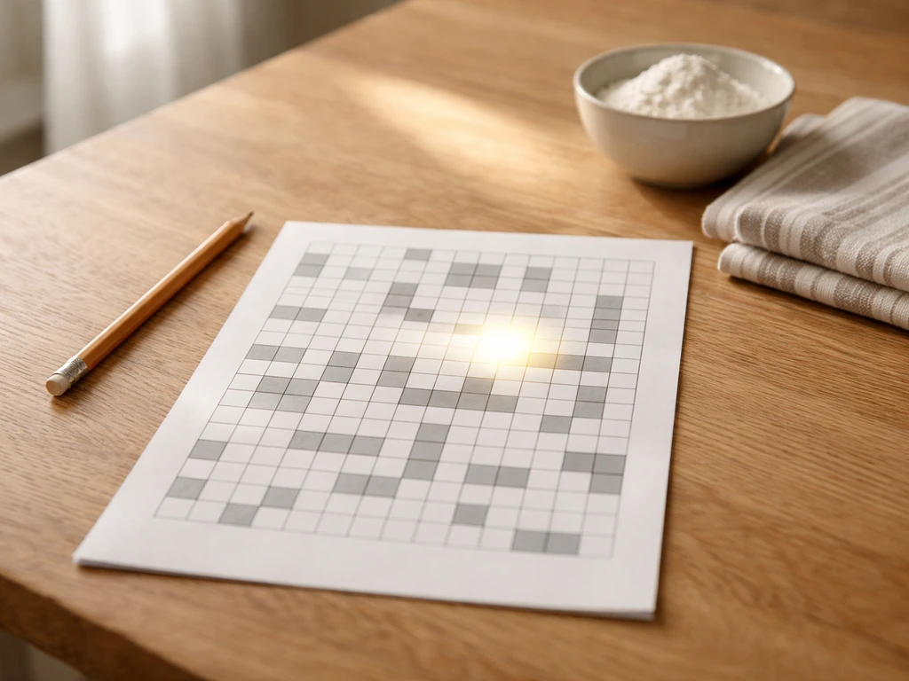 Table de cuisine avec une grille de mots croisés, l’indice « gastronome en herbe » en surbrillance, ambiance ludique.