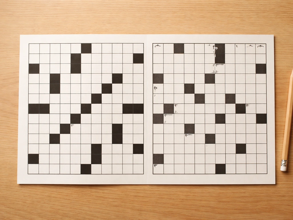 Vue rapprochée d’une grille de mots croisés et fléchés séparées par un encadré, sur une table avec une feuille vierge.