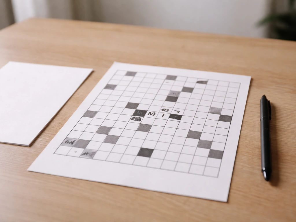 Grille de mots croisés vierge avec une rangée de lettres déjà posées, stylo à côté, lumière naturelle
