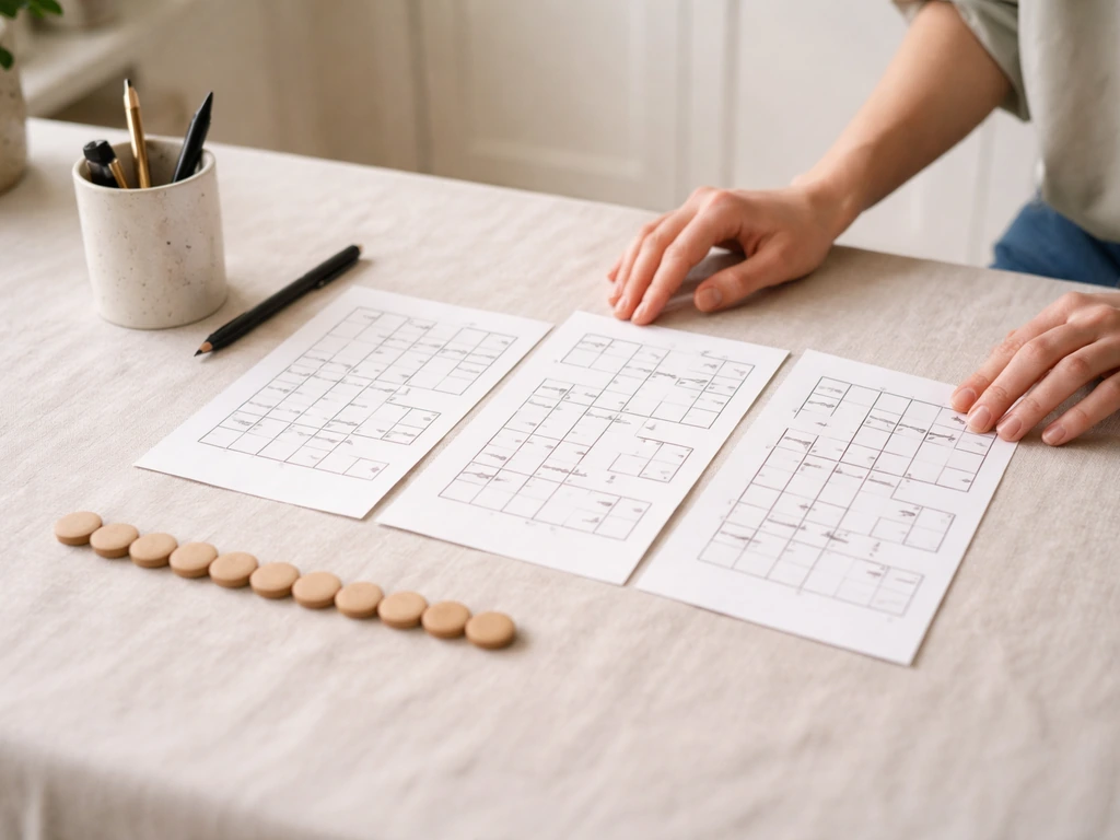 Mains anonymes sur une table, feuilles de mots fléchés et jetons en bois indiquant le comptage vers 11 lettres.