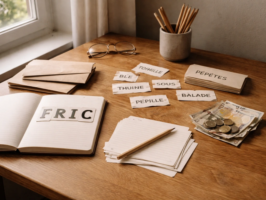 Carnet avec lettres et mots d’argot français, ambiance puzzle, lumière naturelle