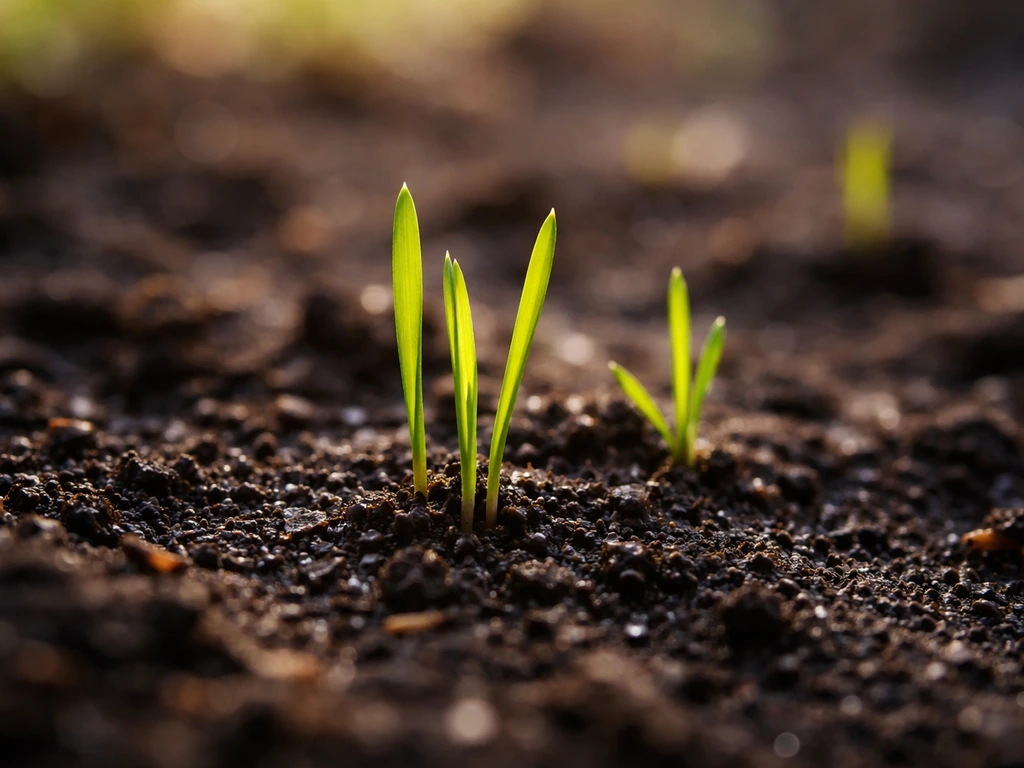 Jeunes pousses d’herbe vertes émergeant d’un sol sombre, lumière naturelle, arrière-plan flou