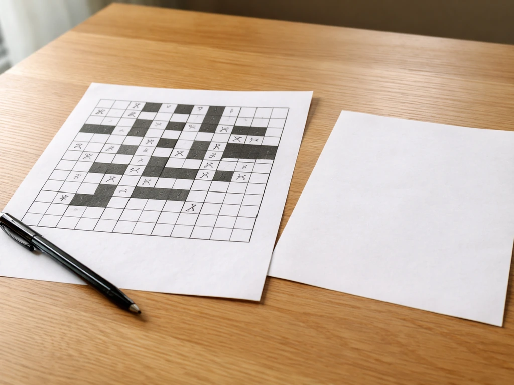 Grille de mots croisés partiellement remplie, stylo et cases vides prêtes à compléter, sur table en bois.