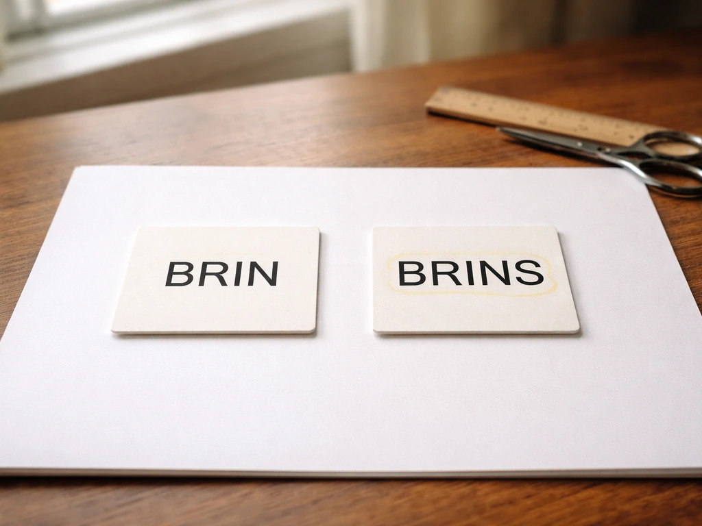 Comparaison visuelle de « BRIN » et « BRINS » sur une table, montrant la différence de lettres.