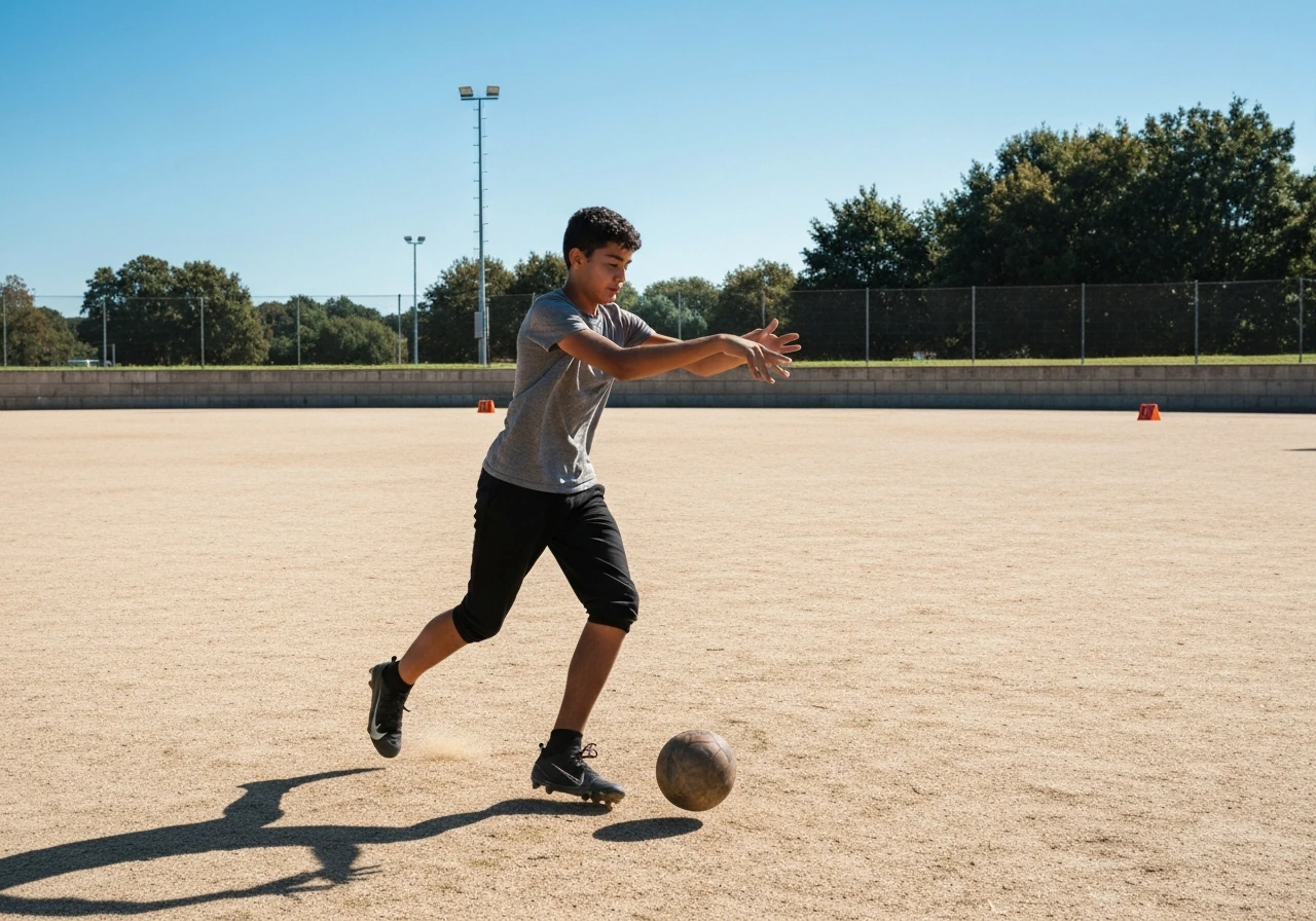 Jeune footballeur en action sur un terrain extérieur, concentré sur un geste de contrôle sans blessure.