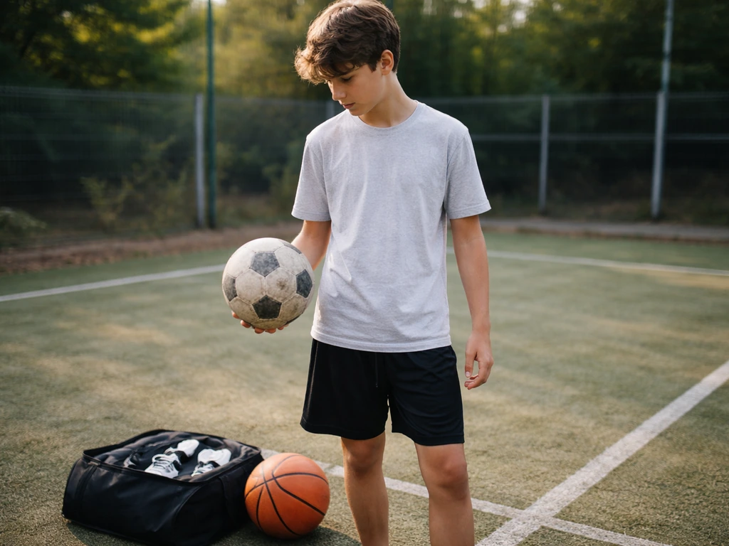 Jeune sur un terrain sportif compare deux options avec un ballon et des équipements, en tenue décontractée