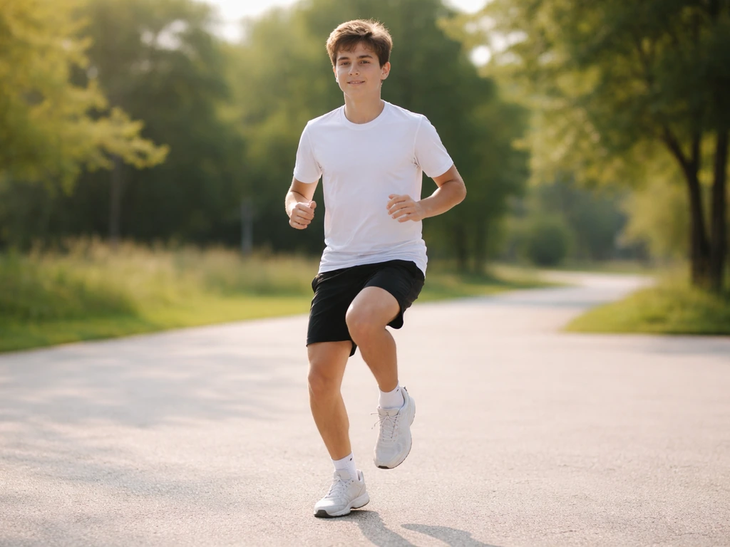 Un jeune fait des exercices d’échauffement en extérieur, seul sur un terrain simple, par temps clair.