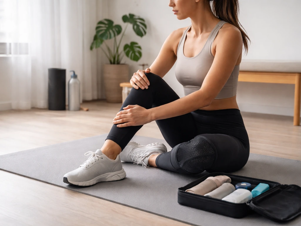Personne anonyme corrigeant sa posture, orthèse et trousse de récupération sur un tapis, lumière naturelle.
