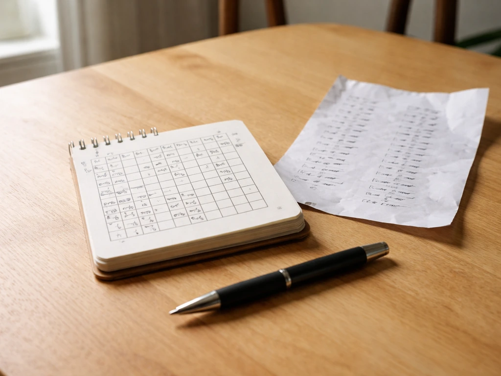 Carnet et grille de lettres partiellement remplie sur une table, avec un stylo, lumière naturelle.