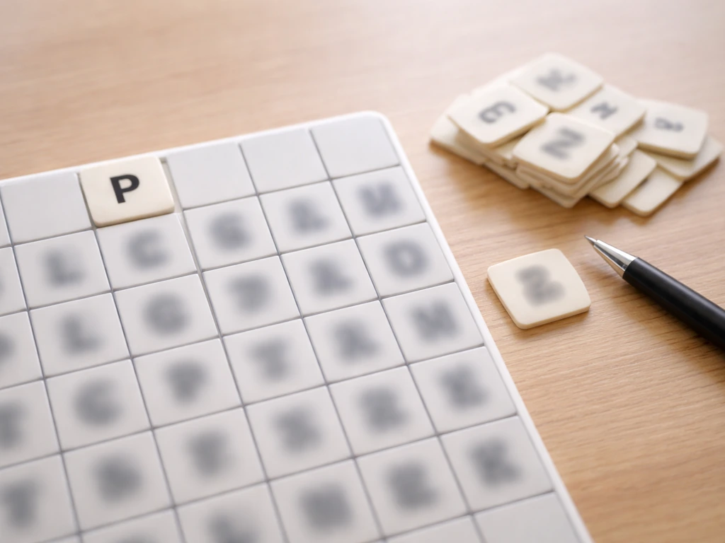 Gros plan d’une grille de puzzle avec la lettre « P » visible, stylo et jetons anonymes pour vérifier une réponse.