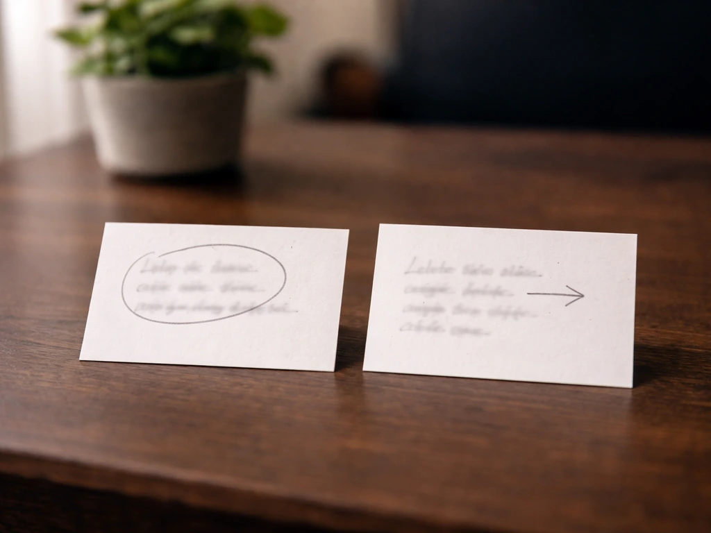 Deux cartes avec mots proches, l’une entourée d’un cercle, sur un bureau sombre et une plante en arrière-plan