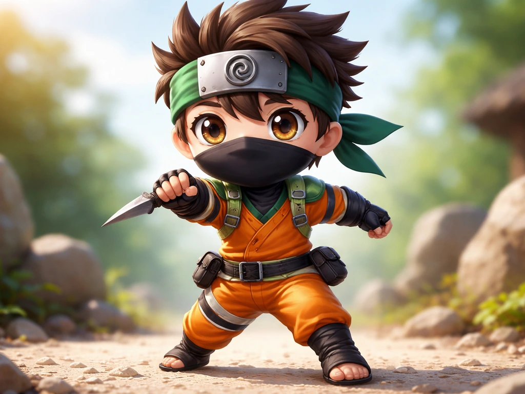 Un petit ninja chibi inspiré d’un univers shōnen, en tenue orange et verte, au centre sur fond simple.