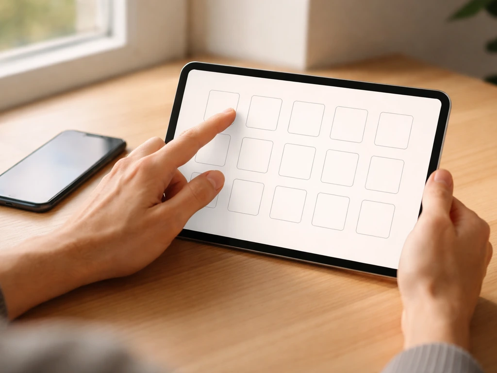 Tablette montrant une fiche de vérification vierge pour comparer films sur plateformes, en intérieur lumineux.