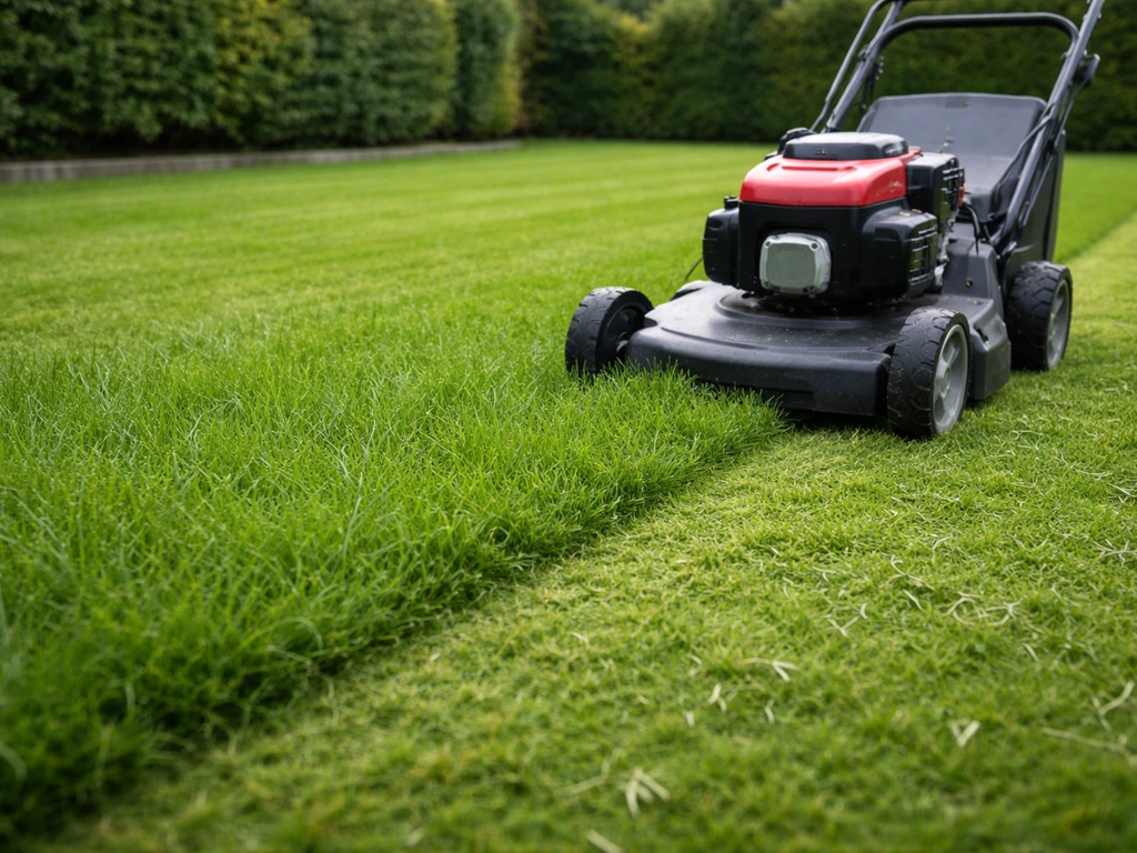 Une tondeuse coupe une pelouse verte, herbe fraîchement tondue visible au sol.