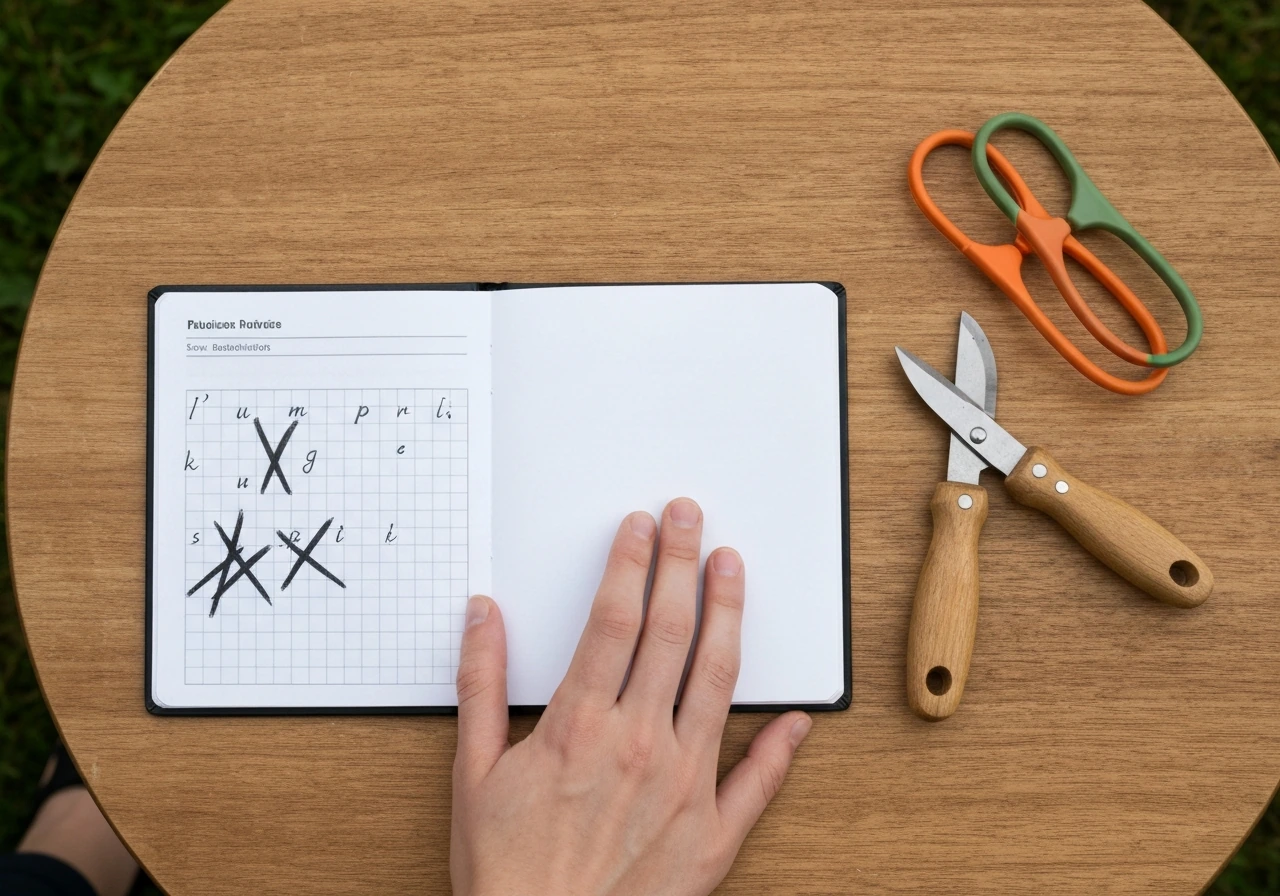Table divisée entre un carnet de mots croisés flou et des accessoires de jardinage avec sécateur.