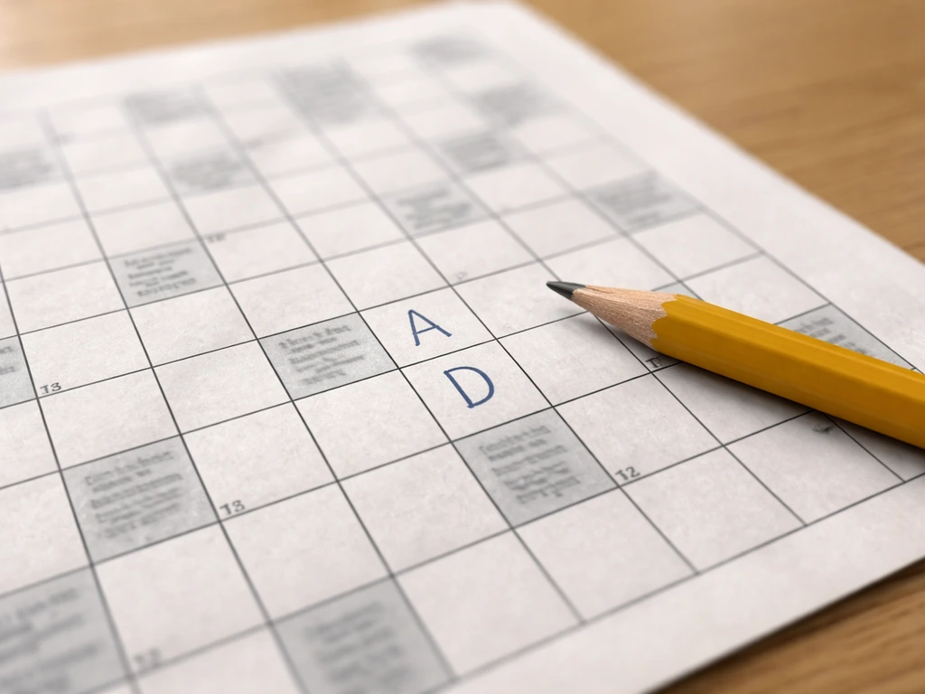 Gros plan sur une grille de mots fléchés avec des lettres déjà remplies dans une case, crayon à côté.