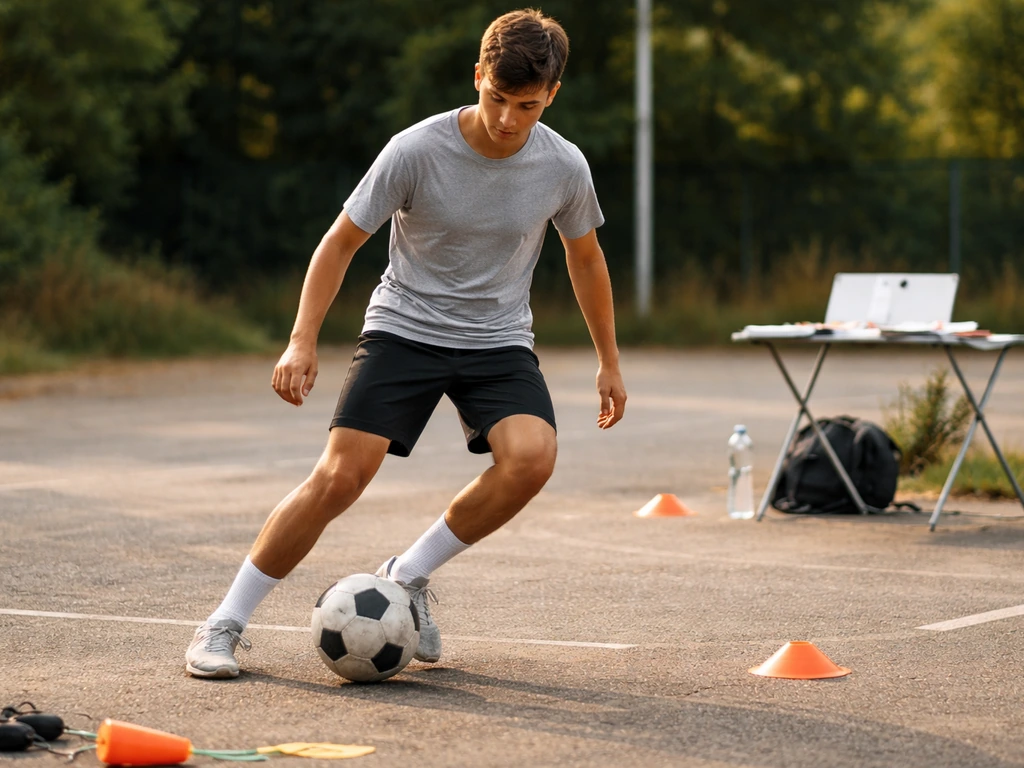 Jeune sportif s’entraîne dehors, ballon près du sol, et un carnet de révision DELF B2 flou en arrière-plan.