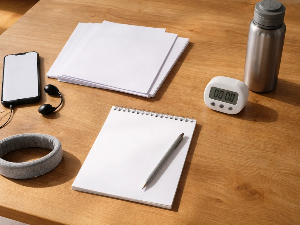 Table avec smartphone audio, documents vierges empilés et minuteur, ambiance sportive pour illustrer les épreuves DELF B