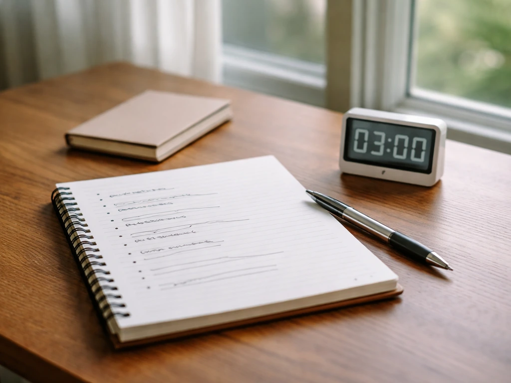 Table de travail avec feuille de notes et minuteur pour préparer une prise de parole sur le sport