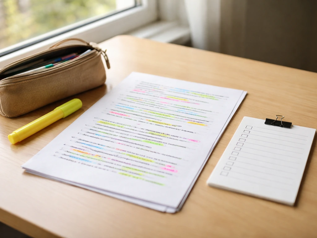 Une copie d’examen annotée en couleurs et une checklist vierge sur une table près d’une fenêtre.