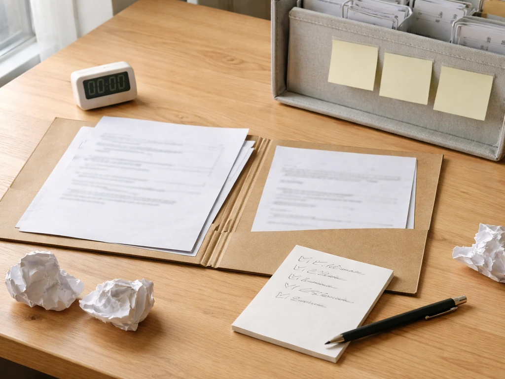 Table avec documents de révision prêts, brouillons, minuteur et post-it vierges pour un dernier contrôle.