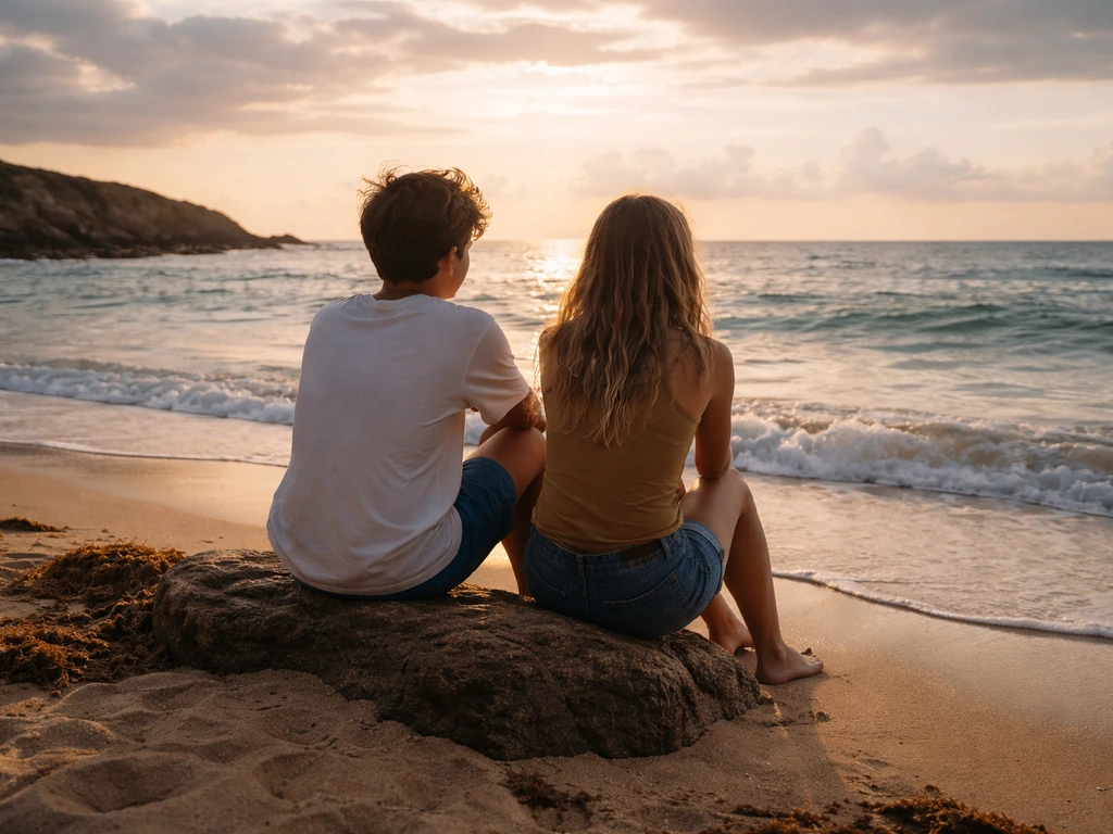 Deux amis d’enfance au bord de la mer en Bretagne, regardant l’horizon au coucher du soleil.