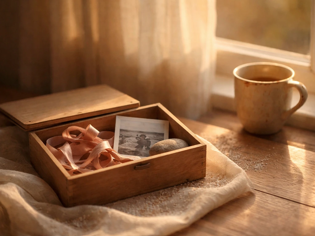 Une table avec objets d’enfance et traces de sable sous une lumière de fin d’été, ambiance nostalgique.