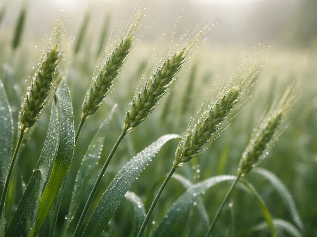 Gros plan de blé en herbe vert, arrière-plan flou suggérant une maturation pas encore achevée.