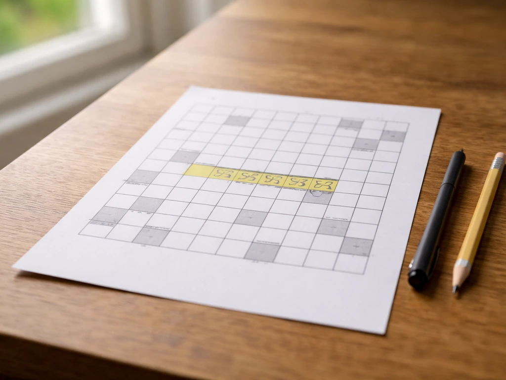 Grille de mots fléchés sur une table, 7 cases surlignées et quelques lettres au crayon visibles.