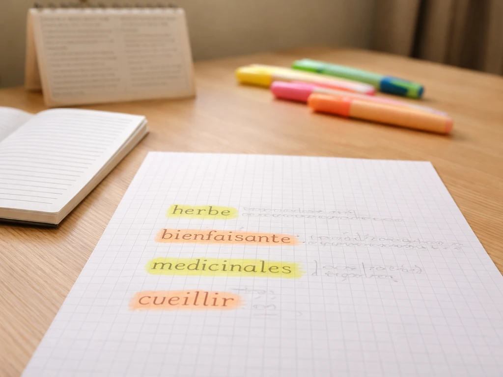 Feuille quadrillée avec mots du thème surlignés (herbe, bienfaisante, médicinales, cueillir) prête à travailler.