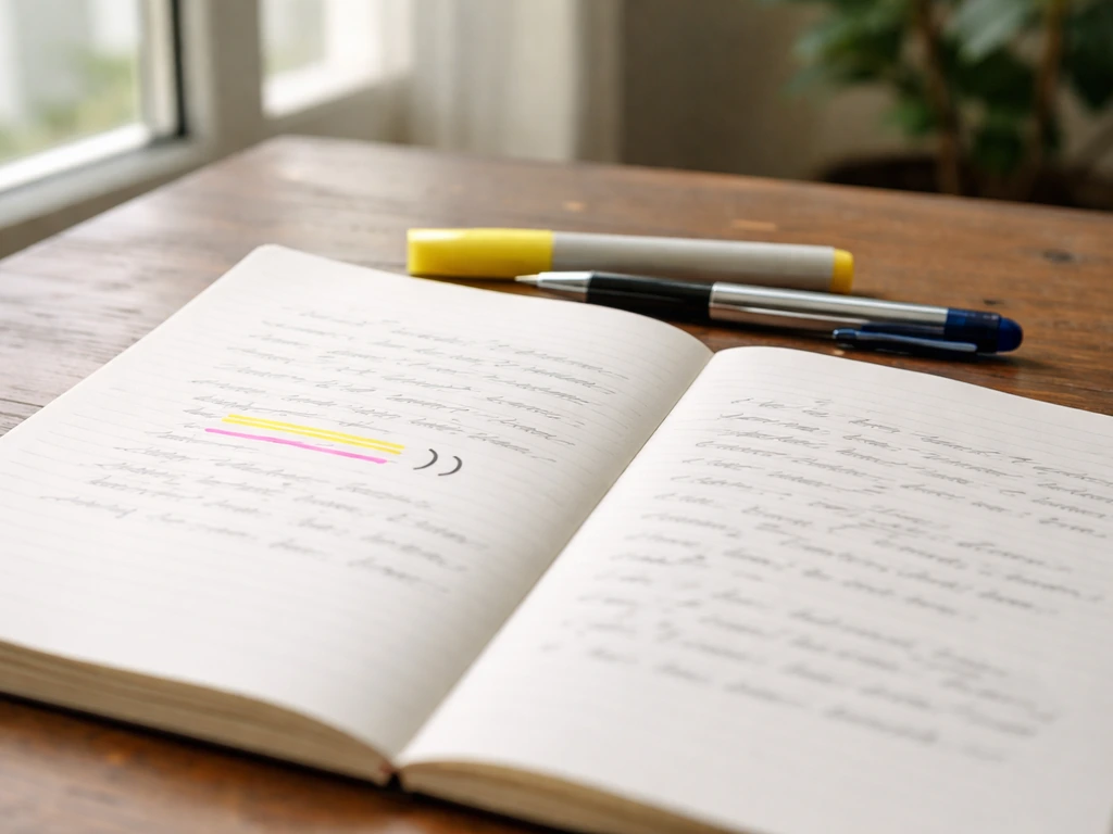 Cahier ouvert avec soulignements colorés et virgules dessinées, stylos sur une table en bois, lumière naturelle.