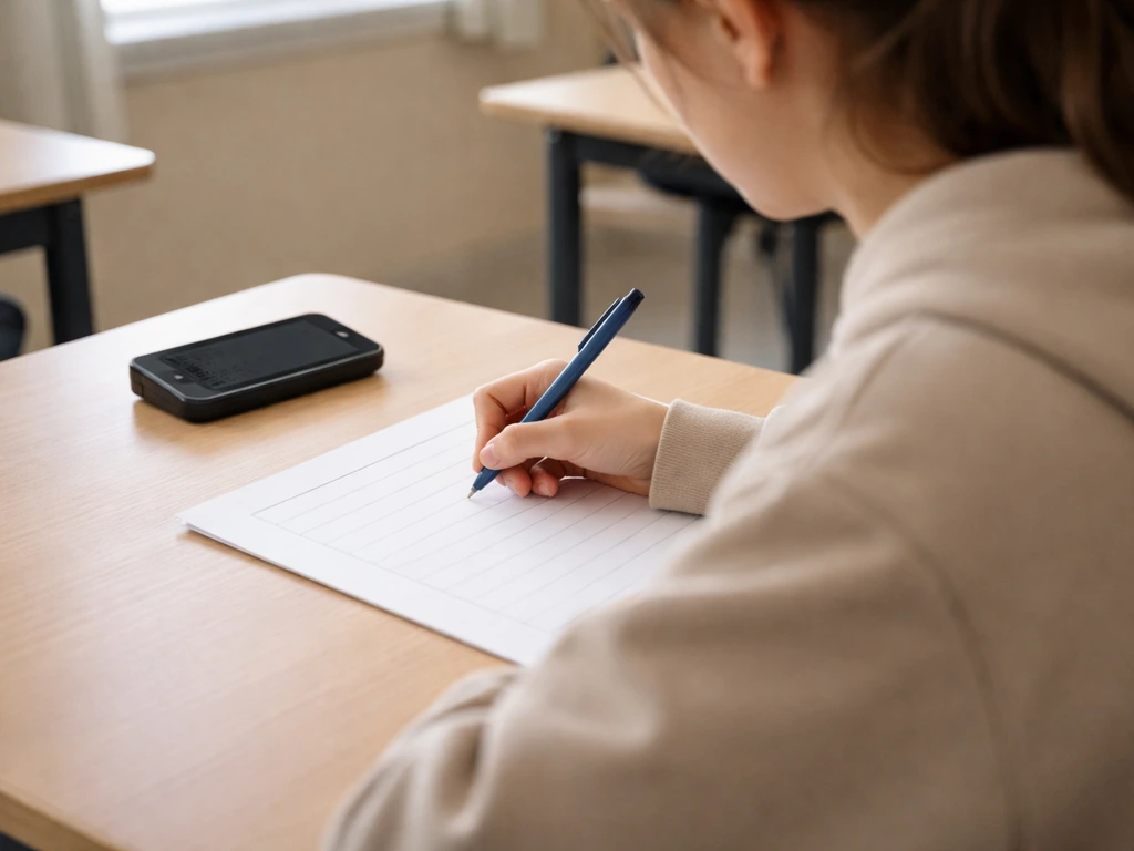 Élève écoute une dictée sur tablette puis écrit sur une copie, table de classe, ambiance calme.
