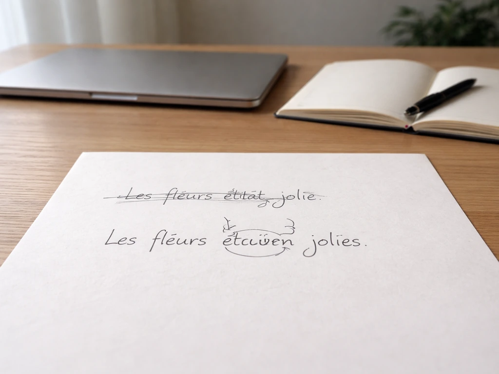 Feuille de corrections manuscrites sur une table, avec flèches et surlignage discrets pour accorder des adjectifs.