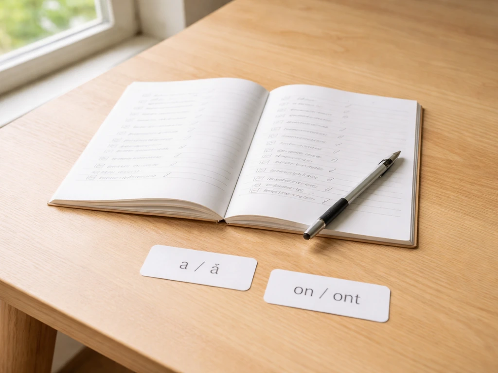 Cahier d’exercices ouvert sur une table, avec cartes d’homophones et coches discrètes, photo naturelle.
